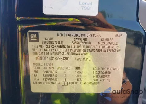 2008 Chevrolet Trailblazer Fleet from USA, damaged, VIN 1GNDT13S182234361